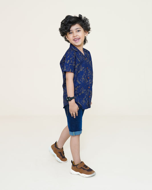 Gold Strokes Cuban Shirt – Navy Blue