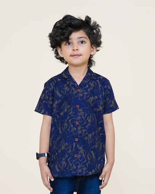 Gold Strokes Cuban Shirt – Navy Blue
