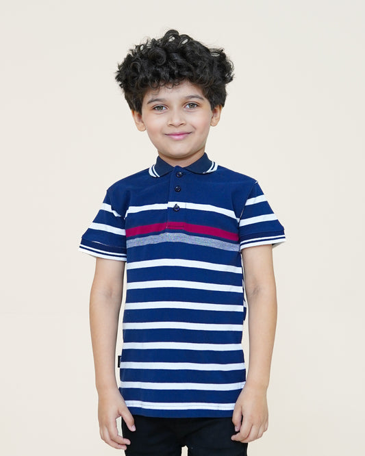 Retro Striped Polo – Navy Blue