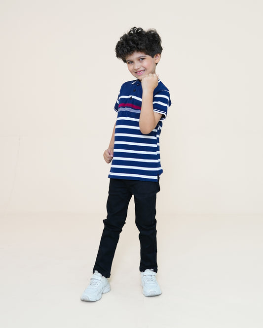 Retro Striped Polo – Navy Blue