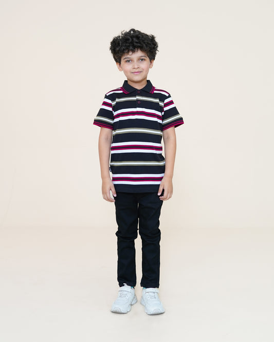 Retro Striped Polo – Black