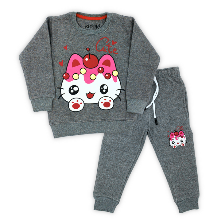 Cute Kitty Dark Heather Grey Fleece Tracksuit - Winter Dresses for Girls - Winters