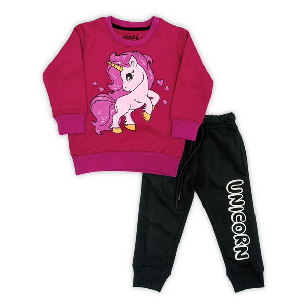 Unicorn Pink/Black Fleece Tracksuit - Girls Tracksuit - Winters - Kiddle