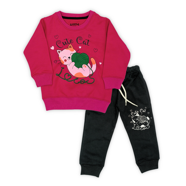 Cute Cat Pink/Black Fleece Tracksuit -Girls Tracksuit - Winters