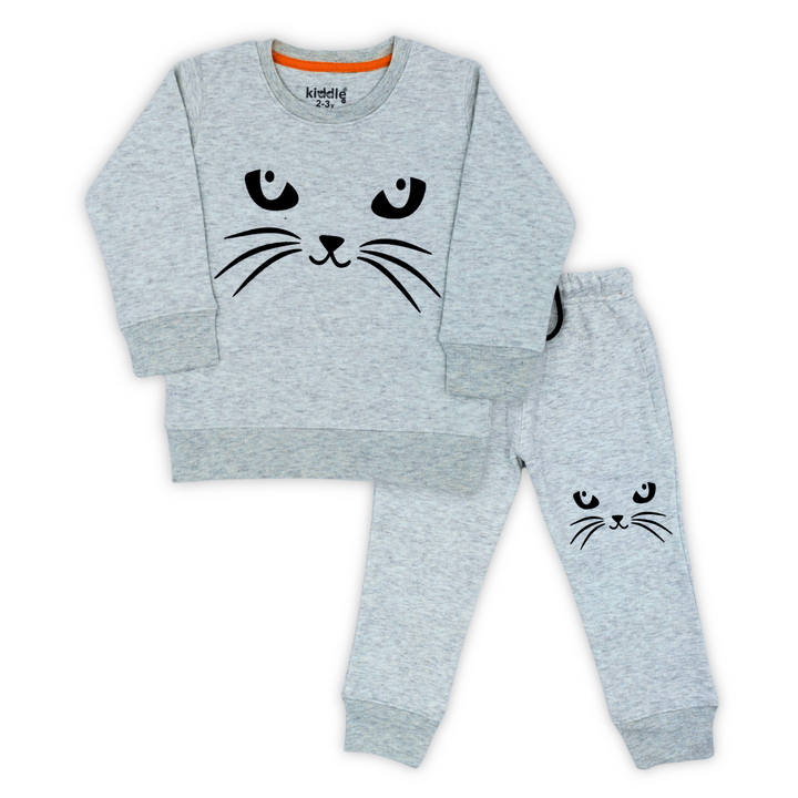 Cat Face Heather Grey Tracksuit - Track Suit for Boys- Winters