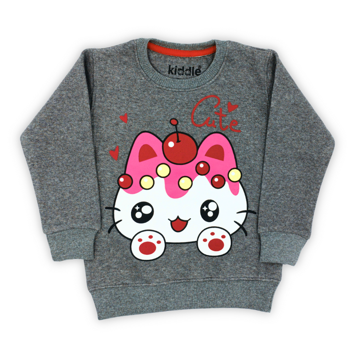 Cute Kitty Dark Heather Grey Fleece Tracksuit - Winter Dresses for Girls - Winters