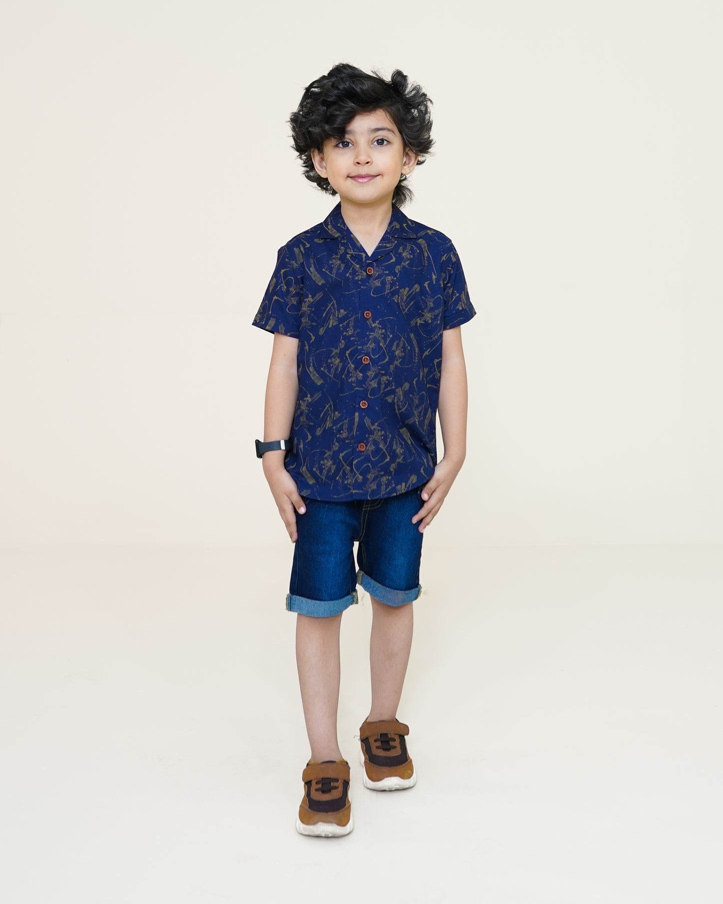 Gold Strokes Cuban Shirt – Navy Blue