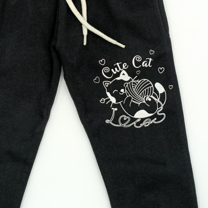 Cute Cat Pink/Black Fleece Tracksuit -Girls Tracksuit - Winters