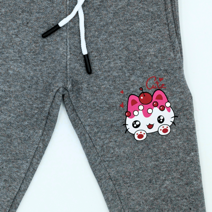 Cute Kitty Dark Heather Grey Fleece Tracksuit - Winter Dresses for Girls - Winters