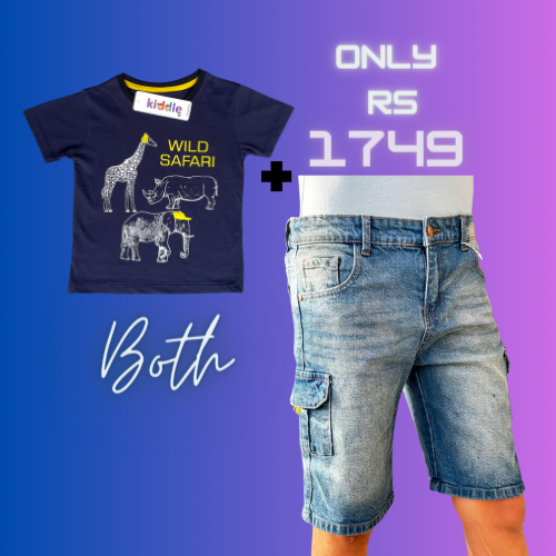 T-Shirt Wild Safari Navy Blue with Denim Blue Shorts With Both Side Pockets - Summer T Shirts - Kiddle