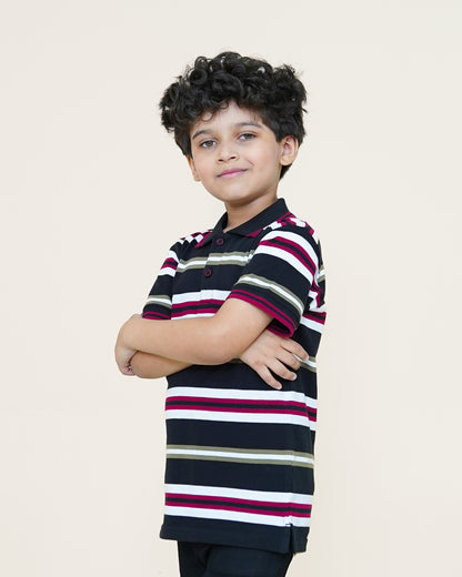 Retro Striped Polo – Black
