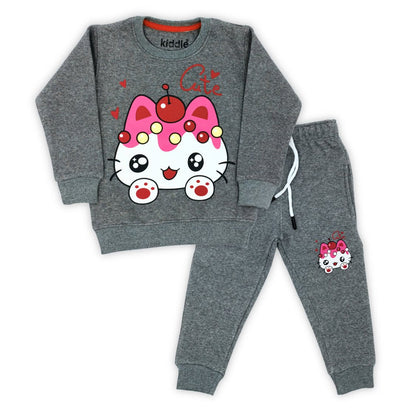 Cute Kitty Dark Heather Grey Fleece Tracksuit - Winters