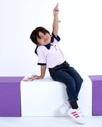 Ice Pink Contrast Collar Polo for Girls