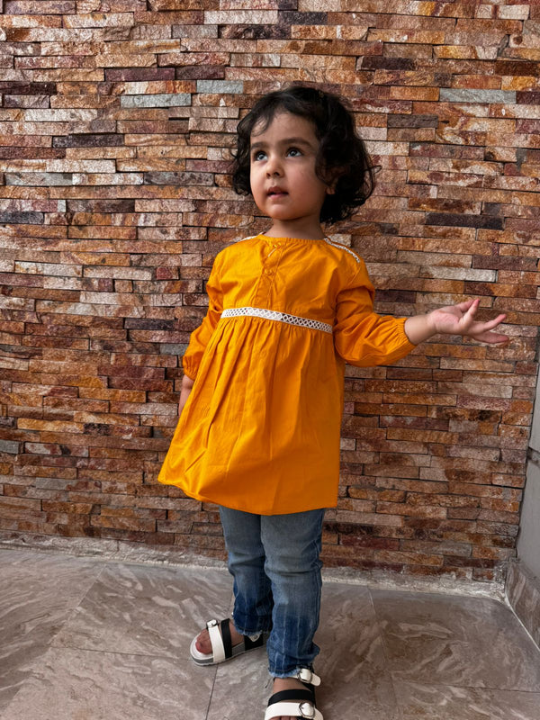 Sunny Yellow Kurti With White Pattern -  Girl Kurtis Online - Kiddle