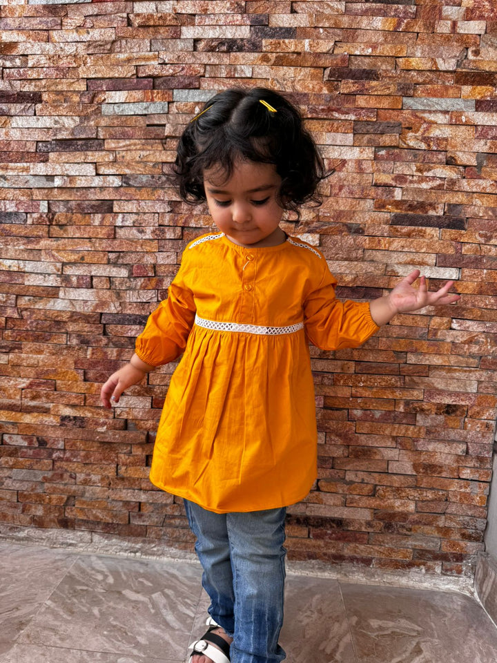 Sunny Yellow Kurti With White Pattern -  Girl Kurtis Online - Kiddle