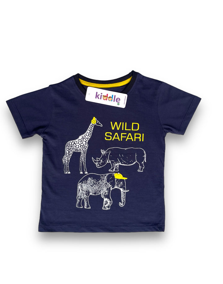 T-Shirt Wild Safari Navy Blue with Denim Blue Shorts With Both Side Pockets - Summer T Shirts - Kiddle