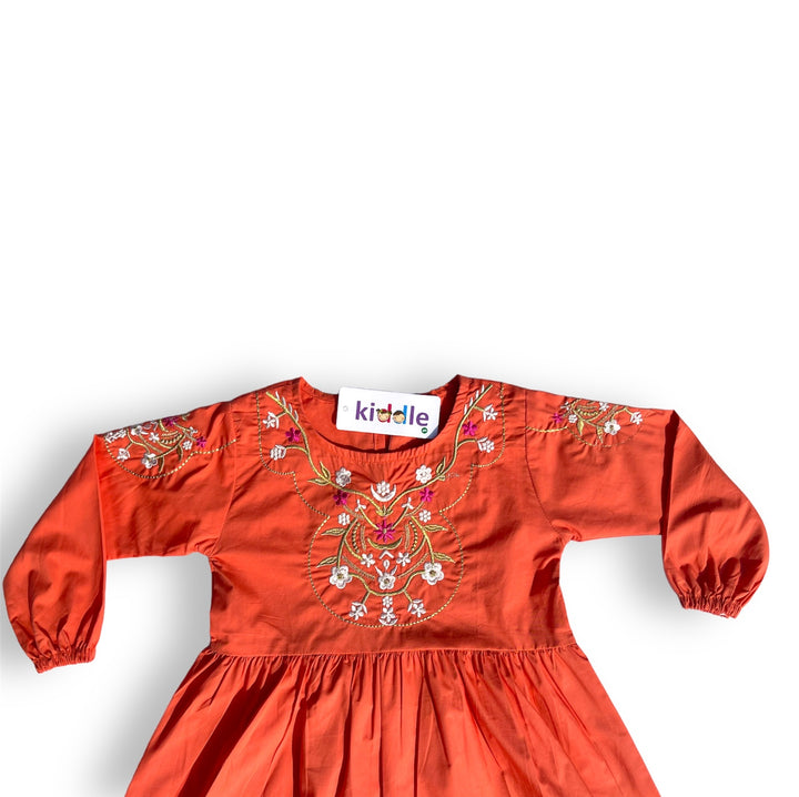 Ice Orange Kurti with Embroidery - Frock Style Kurti