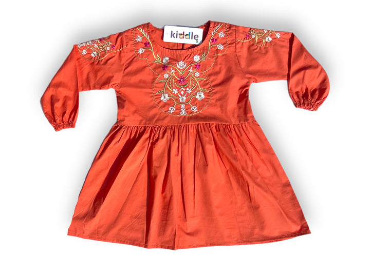 Ice Orange Kurti with Embroidery - Frock Style Kurti