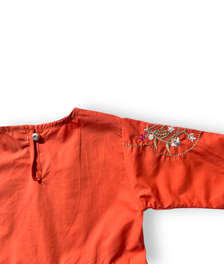 Ice Orange Kurti with Embroidery - Frock Style Kurti