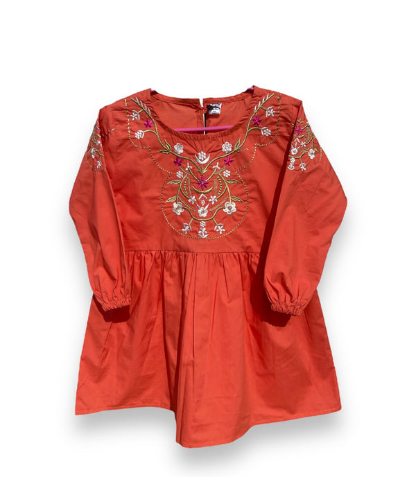 Ice Orange Kurti with Embroidery - Frock Style Kurti