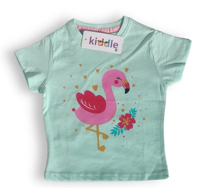 Emerald Green T-Shirt with Pink Flamingo Print - T Shirt for Girls