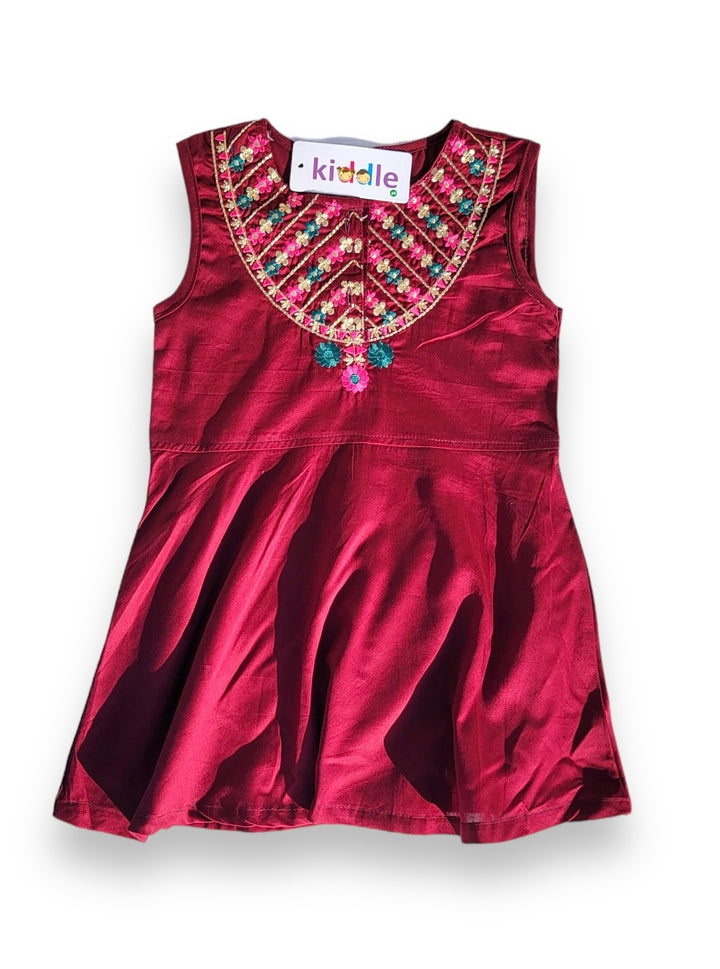 Royal Maroon Sleeveless  Kurti with Embroidery - Sleeveless Kurti - Kiddle