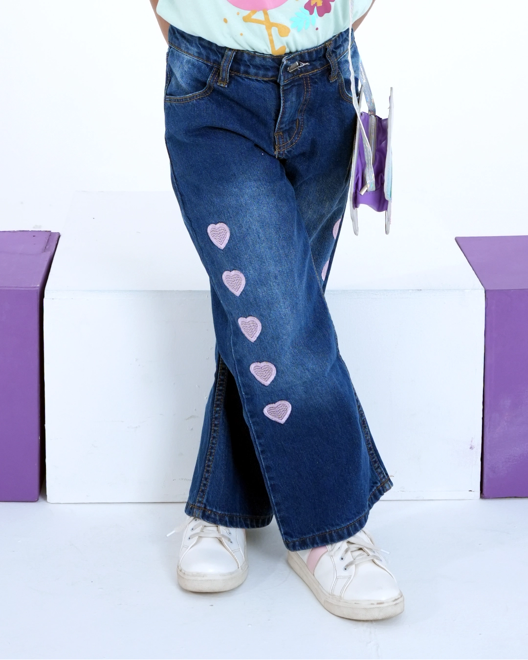 Pink Heart Embroidered Blue Jeans