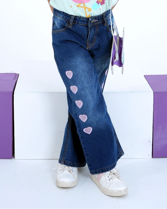 Pink Heart Embroidered Blue Jeans