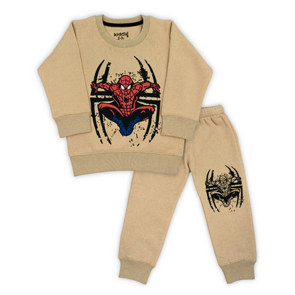 Spiderman Beige Fleece Tracksuit  - Kids Tracksuits - Winters - Kiddle