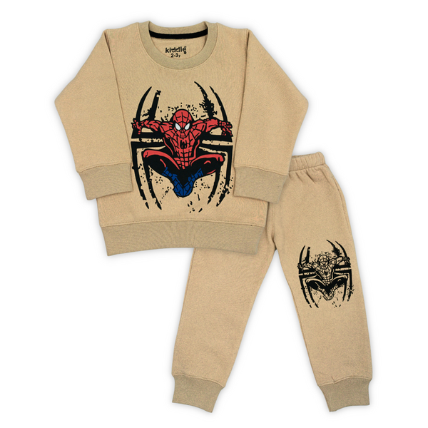 Spiderman Beige Fleece Tracksuit  - Kids Tracksuits - Winters - Kiddle