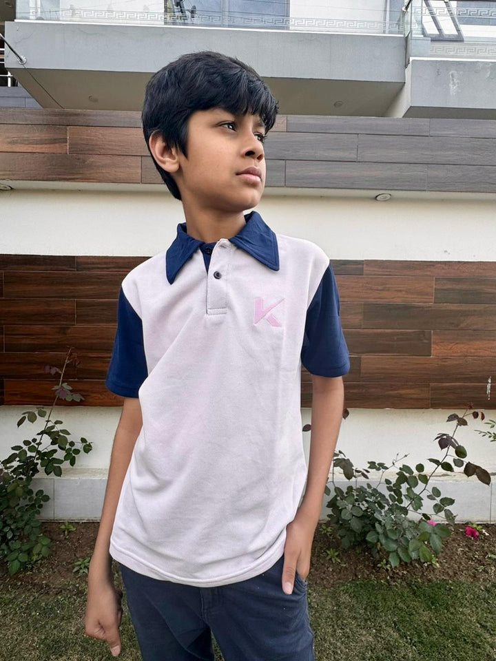 Polo Shirt Light Pink With Navy Blue Sleeves & Collar - Childrens Polo Shirts